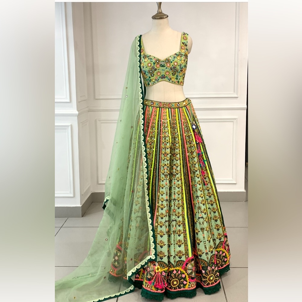 Diya Rajvvir Lehnga - MINT GREEN NEON EMBROIDERED BLOUSE LEHENGA
